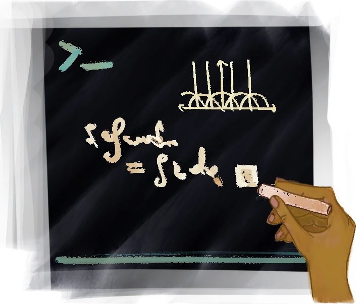 A hand chalks an integral equation and a diagram of arcs and arrows on a blackboard.